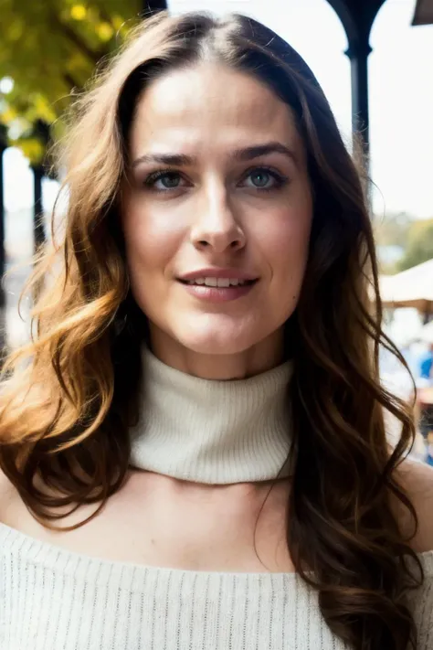 evn piercing eyes, looking straight, very happy,long hair, wearing an off-shoulder sweater, choker, closeup portrait, in a outdoor cafe in 2015, afternoon light, <lyco:EvanWood-RealVision-V1.0:1.0>