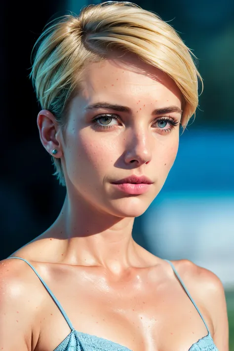 photoshoot of emmar1 , (blonde hair), (pixie cut), , detailed skin texture, (blush:0.2), (goosebumps:0.3), (light blue dress), subsurface scattering, Photorealistic, Hyperrealistic, Hyperdetailed, analog style, hip cocked, demure, detailed skin, matte skin...