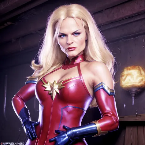 sfw, best quality,(very detailed face),(photorealistic),absurdres, <lora:quiron_KatjaKean_v3_lora:0.97> , realistic,  blonde hair,  katja kean,  sexy  KatjaKeanQuiron woman  wearing [vampire costume:  superheroine captain marvel costume: 0.5], One hand on ...