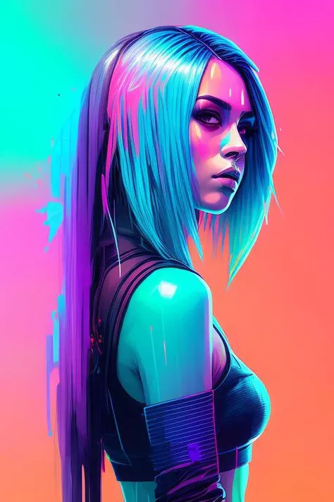 snthwve style nvinkpunk award winning half body portrait of a woman in a croptop and cargo pants with ombre navy blue teal hairstyle with head in motion and hair flying, paint splashes, splatter, outrun, vaporware, shaded flat illustration, digital art, tr...