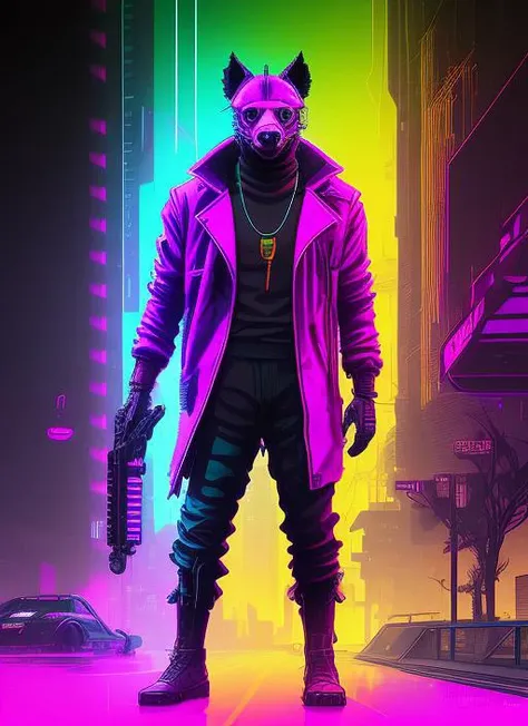 Digital drawing of anthromorphic hyena male drawn in cell shaded, fursona, furry fandom, neon rainy cyberpunk setting, anthro, wearing cyberpunk 2 0 7 7 jacket, detailed face, nvinkpunk, snthwve style