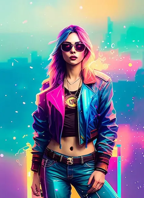 a woman with colorful hair and sunglasses standing in front of a neon background