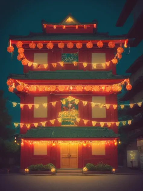 a close up of a building with lights on it at night