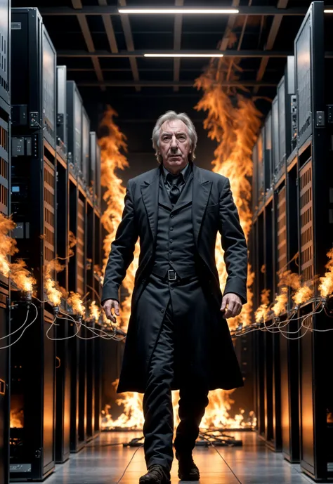 Dramatic photo of alanrickman-ti in a server room with the servers on fire, looking disappointed, high quality, highly  detailed, masterpiece, cinematic,  <lora:alanrickman-ti:0.8>