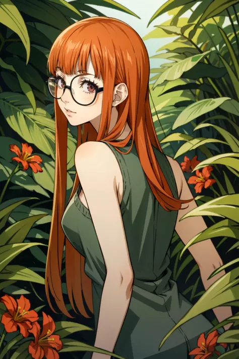 ((masterpiece, best quality))
<lora:Persona5FutabaSakura:0.9>
Persona5FutabaSakura, 1girl, solo, long hair, glasses,  in a lush jungle with vibrant flowers, from behind, looking back