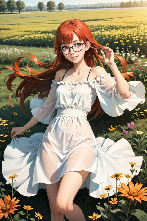 ((masterpiece, best quality))
<lora:Persona5FutabaSakura:0.9>
Persona5FutabaSakura, 1girl, solo, long hair, glasses,  In a field of wildflowers, wearing a flowing dress, smiling