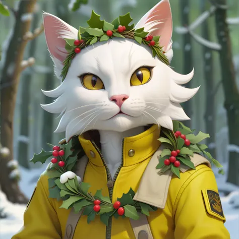 <lora:mistmerc-sdxl-mistletoemercenariesslider:1.0>, anthropomorphic (white cat), mistletoe mercenaries, yellow combat jacket, mistletoe wreath crown, winter, forest, christmas, <clip:skip:2>, masterpiece, 8k, high resolution, shallow depth of field, sharp...