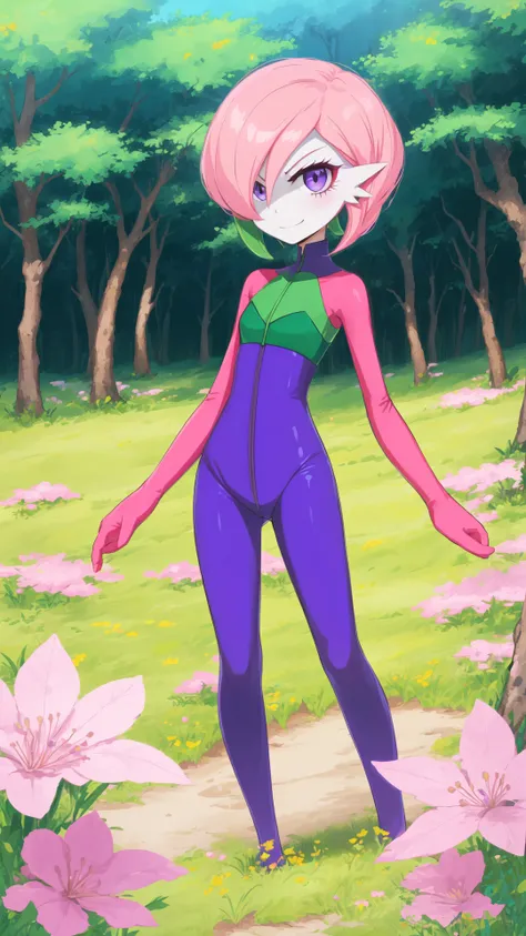 a cartoon girl in a purple and green outfit standing in a field of flowers