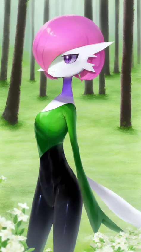 solo,gardevoir,pink hair,annoyed,purple eyes,cyancapsule,forest,pink skin,outside,grasslands,flat_color,in spring,nature,field,colourful glass,kind_smile,black and pink bodysuit,skin tight,shiny,<lora:GardevoirYiffy:0.8>,