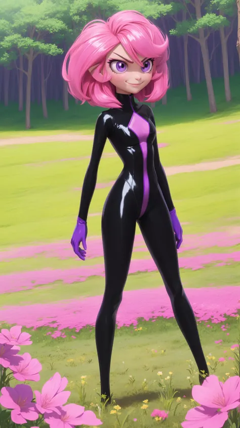 a cartoon girl in a black and pink outfit standing in a field of flowers