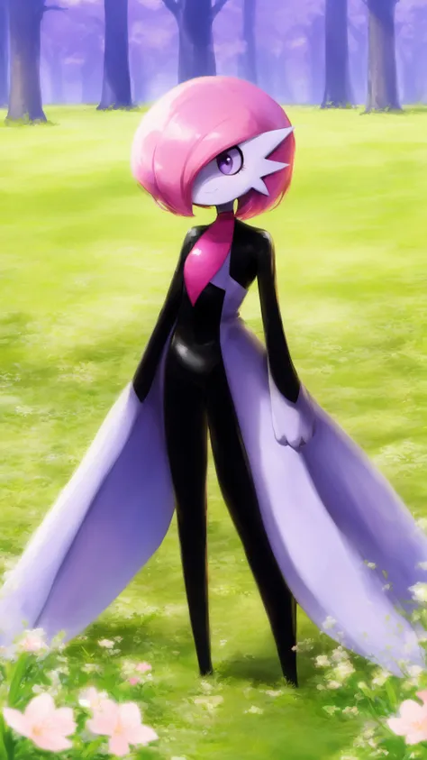 solo,gardevoir,pink hair,annoyed,purple eyes,cyancapsule,forest,pink skin,outside,grasslands,flat_color,in spring,nature,field,colourful glass,kind_smile,black and pink bodysuit,skin tight,shiny,<lora:GardevoirYiffy:0.8>,