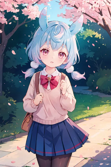 anime girl with blue hair and a cat ears in a skirt