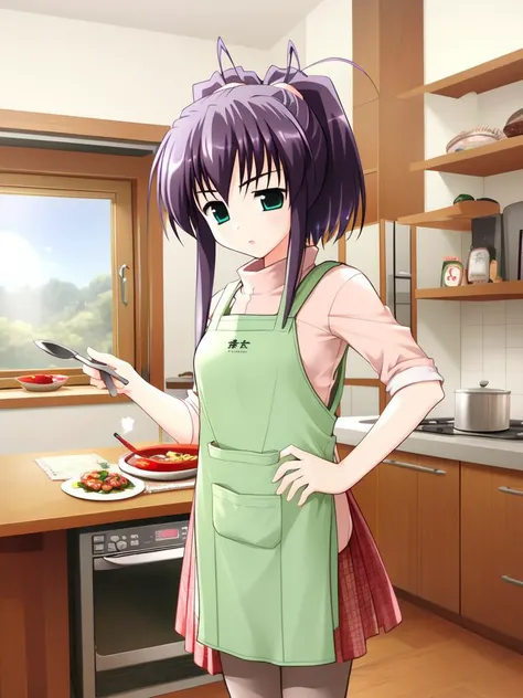 <lora:ImazekiRinko:0.8>	ImazekiRinko, 1girl, solo, apron, pantyhose, book, slippers, cooking, frying pan, food, spoon, black hai