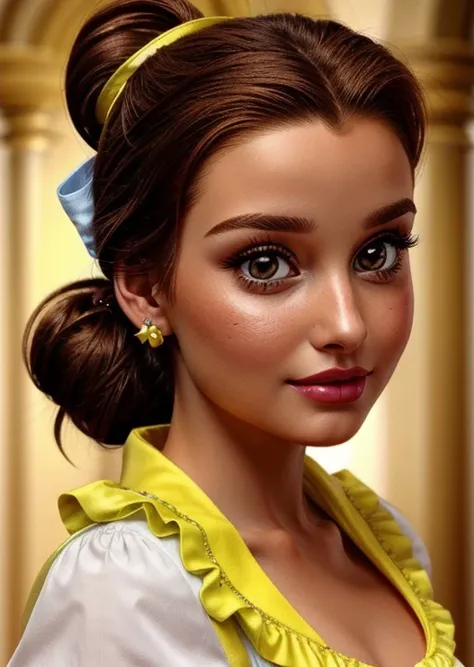 Close-up photo of <lora:DisneyBelle:0.7> disneybelle, brown hair, brown eyes, makeup, lipstick, ponytail, hair bow, earrings, <lora:add_detail:1>, (yellow dress)