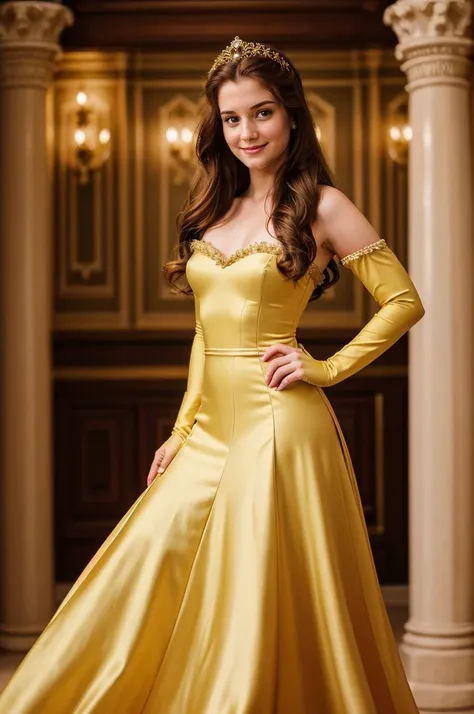 cinematic film still (((full body photo))) of 21 yo girl, disneybelle, smiling, long brown hair, yellow dress, elbow gloves, jewelry, bare shoulders, (looking at viewer:1.1), <lora:backlight_slider_v10:1.2>, <lora:epiCRealismHelper:1> <lora:skin_tone_slide...