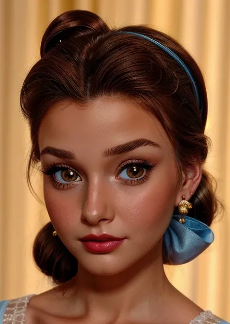 Close-up photo of <lora:DisneyBelle:0.8> disneybelle, brown hair, brown eyes, makeup, lipstick, ponytail, hair bow, earrings, <lora:add_detail:1>