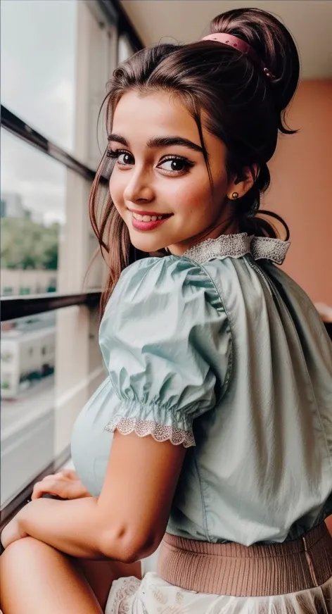 a woman sitting on a window sill with her arms crossed