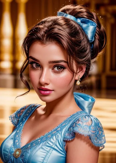 <lora:DisneyBelle:0.8>, disneybelle, makeup, ponytail, hair bow, earrings, extremely photogenic girl, (detailed lips:0.8), (detailed eyes:0.8), blush, hourglass figure, (photorealistic:1.2), (8k, high quality, shot on Fujifilm X-T4, 85mm f1.2), textured sk...