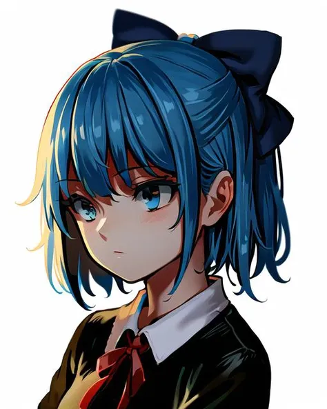 short hair, blue hair, bow, hair bow, cirno, touhou, 1girl, white background, simple background,ice, <lora:as109sArtStyle_v10:0.8>,(art by AS109), soft light, (detailed hair:1.3), shadow, chiaroscuro,