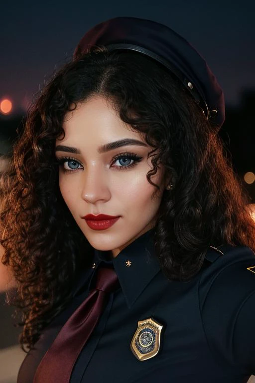 photo of a woman, ((curly hair)), <lora:bventi-04:0.6>, bventi, ((dark brown hair, curly hair)), ((necktie, shirt, police uniform, badge, dark blue shirt, police hat):1.2), ((closeup, portrait)),((outdoors, city, at night, fire, explosions):1.2),smiling, (...