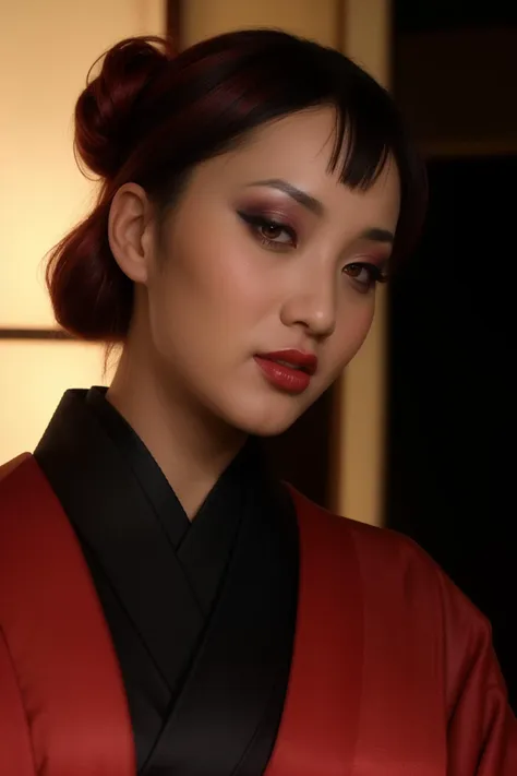 a close up of a woman in a red kimono