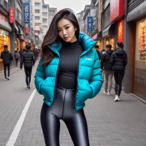 a woman in a blue puffer jacket and black leggings