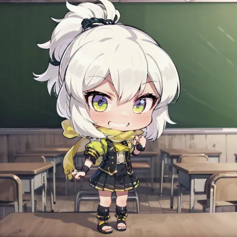 absurdres, high detail, uhd, classroom,
standing, grin,
chibi, ange, white hair, high ponytail, school uniform, yellow scarf, green jacket, cropped jacket, open jacket, short sleeves, multicolored shirt, corset, plated skirt, black gloves, fingerless glove...