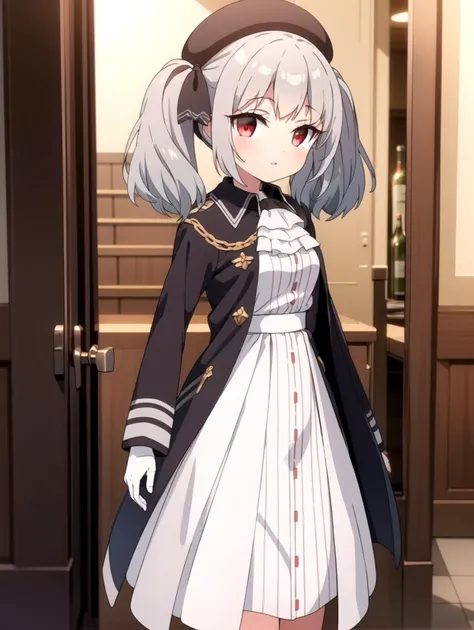 Twin tails, Hat, Red eyes, White dress, masterpiece, best quality, Solo, Silver hair, <lyco:retzel:0.8>, Hair bows, Black coat