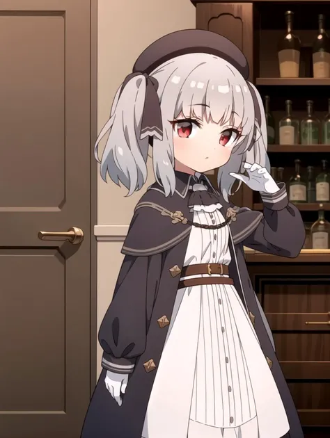 Twin tails, Hat, Red eyes, White dress, masterpiece, best quality, Solo, Silver hair, <lyco:retzel:0.8>, Hair bows, Black coat