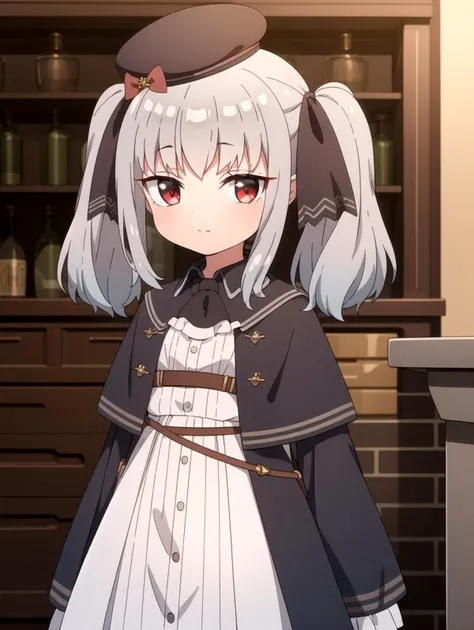 Twin tails, Hat, Red eyes, White dress, masterpiece, best quality, Solo, Silver hair, <lyco:retzel:0.8>, Hair bows, Black coat