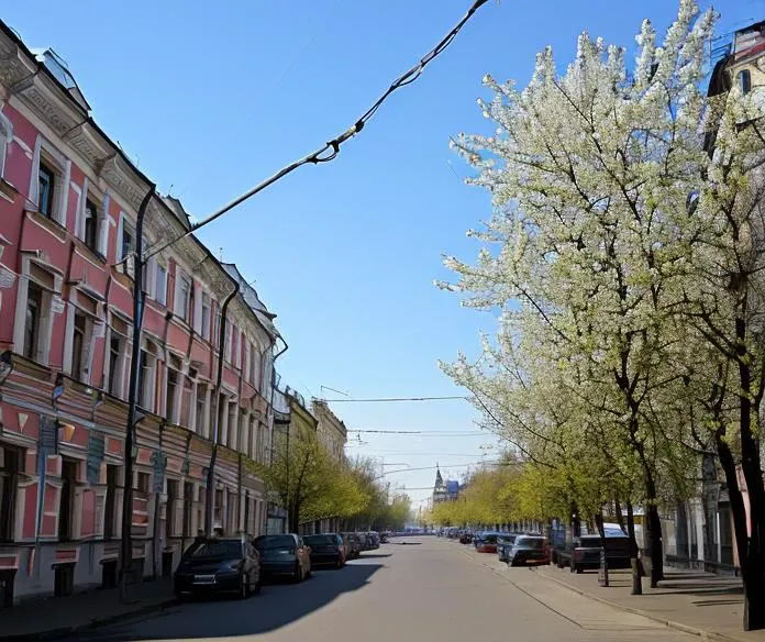 trees line the street in front of a row of buildings