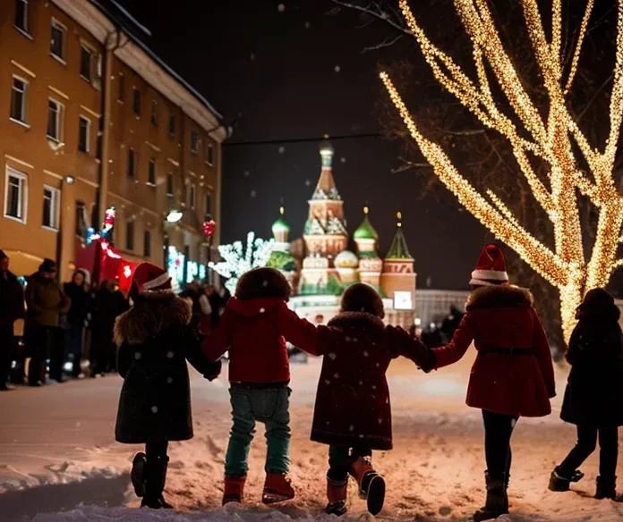 several children are holding hands in the snow near a building