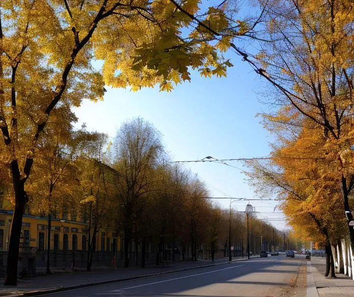 trees lining the street in a city with a blue sky