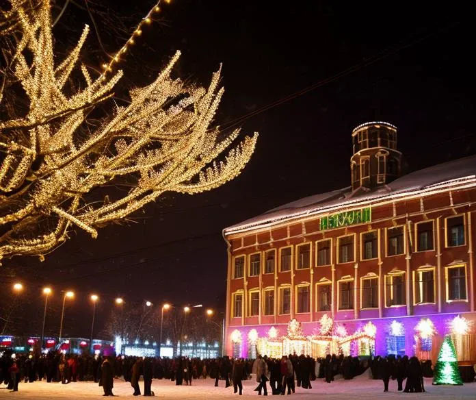 people walking in the snow near a building with christmas lights