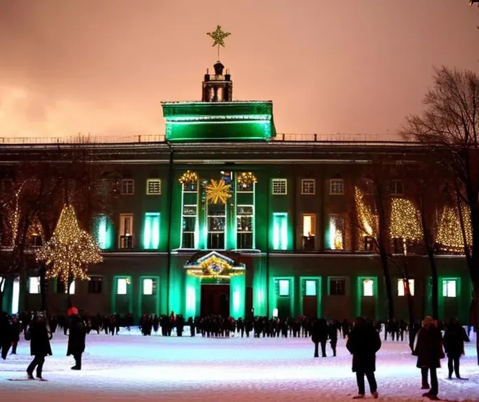 people walking around a plaza in front of a building with a green light on it