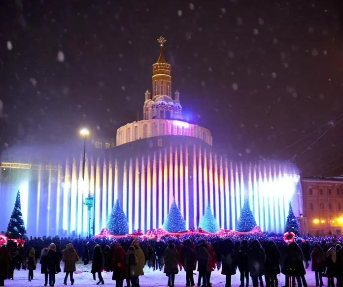 people are walking around a fountain in a city at night