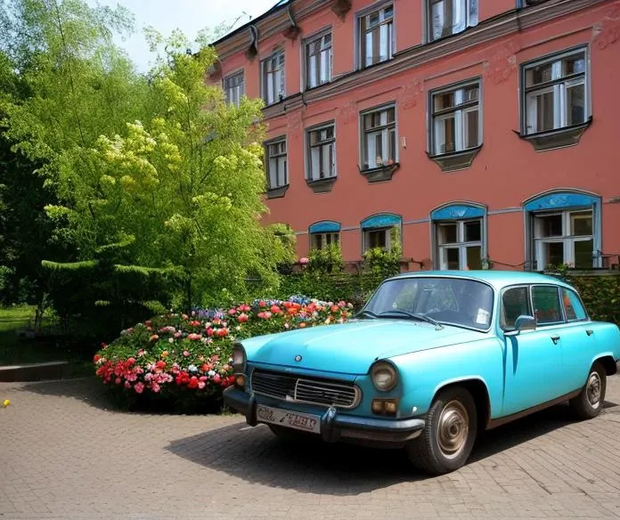 there is a blue car parked in front of a building