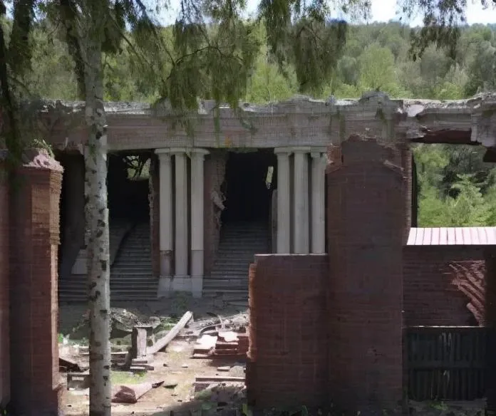 arafed building with columns and pillars in a wooded area