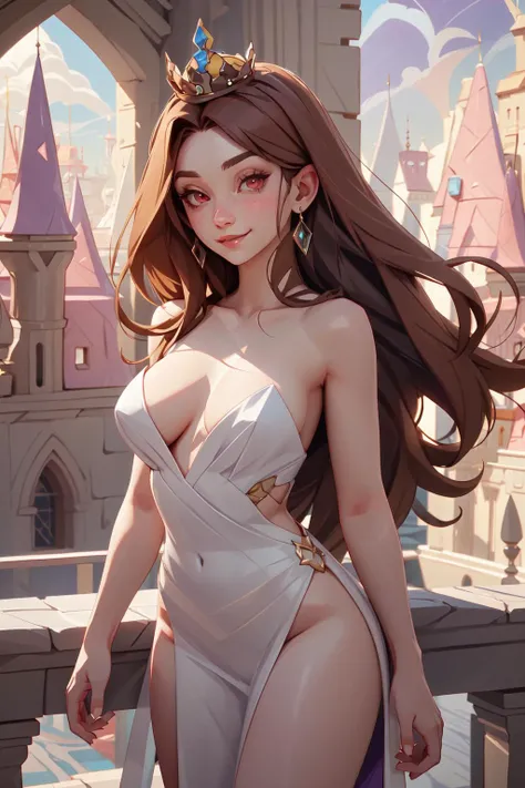 real, princess,  crown,  atmospheric scene,  masterpiece,  best quality,  (detailed face,  detail skin texture,  ultra-detailed body),  (cinematic light:1.1),     ,  r0seb7rne-smf,  solo,  realistic,  long hair,  lips,  red eyes,  looking at viewer,  brown...