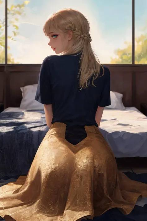 a close up of a person sitting on a bed with a bed in the background