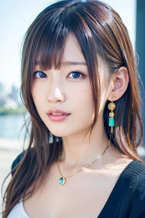 1girl,photo of rierie,earrings,best quality,8k,high quality render,(detailed face:1.4),(looking at viewer:1.4),shiny skin,expressionless,beautiful city background,best wallpaper,(sun lighting:1.2),((random perspective)),low angle,half body, (masterpiece:1....