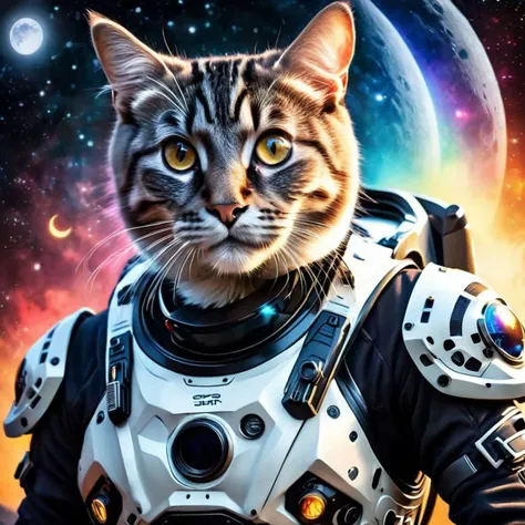 ultra detailed, full body portrait a of cute cow pattern fur cats, ((perfect dark eyes)), (detailed pupils), (salute pose:1.4), looking at viewer, ((wearing a photorealistic  Space Suit)), in a Moon Station background, late evening, epic, 8k , cinematic, h...