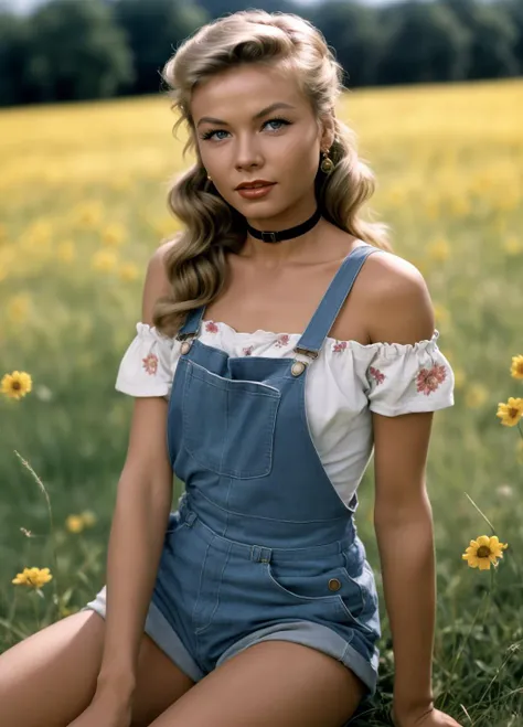 a close up of a woman sitting in a field of flowers