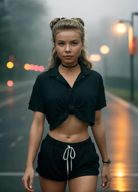 a woman in black shirt and shorts standing on street with fog