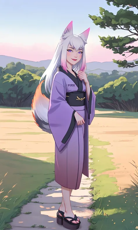 standing on a path, location field with low grass, cute smile, <lora:Mary_(Darmchirk):0.7> ((Mary_(Darmchirk), long hair, fox ears, purple eyes, gradient hair, kimono)),