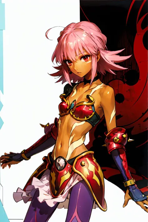 <lora:hack_blackrose:1> blackrose, pink hair, red eyes, dark skin, dark-skinned female, bikini armor, pantyhose, choker, midriff,   <lora:wada_arco_style_v01:1>, ultra detailed, masterpiece, best quality, aesthetic, detailed,