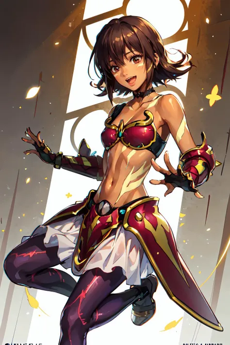 <lora:hack_blackrose:1> blackrose, brown hair, brown eyes, dark skin, dark-skinned female, bikini armor, pantyhose, choker, midriff, smile, open mouth, black pelvic curtain,, ultra detailed, masterpiece, best quality, aesthetic, detailed,