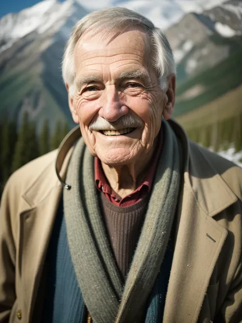 cinematic photo happy smiling  elderly mountaineer
(classical realistic style), sharp focus, intricate, detailed illustration, dirty muted colour palette) . 35mm photograph, film, bokeh, professional, 4k, highly detailed