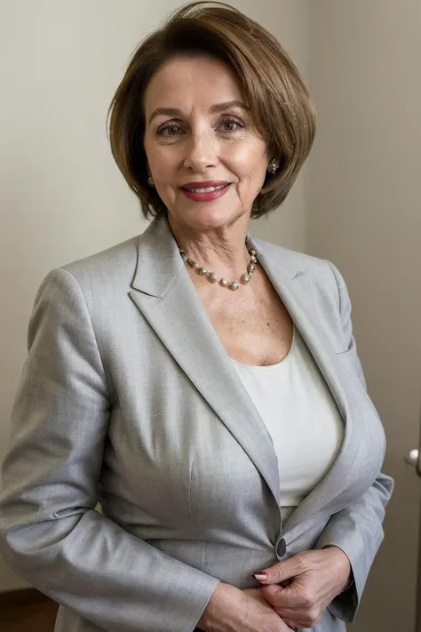 a woman in a gray suit and necklace standing in a room