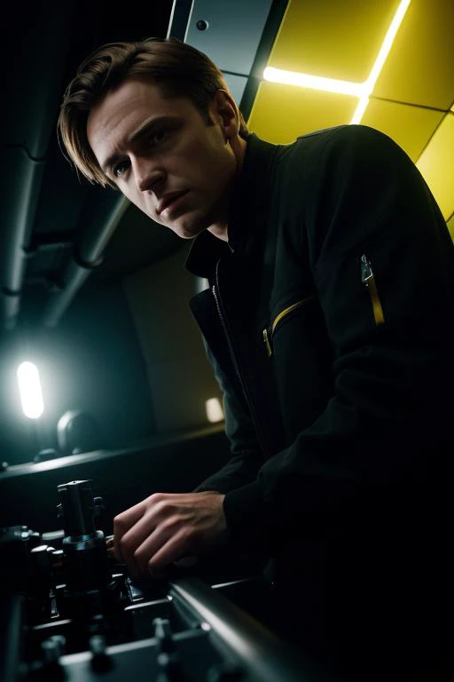 color raw, editorial photograph of a cinematic film still dynamic action angle,  outside spaceship, commoner, looking at viewer, pulling lever switch on control device, yellow theme
 . shallow depth of field, vignette, highly detailed, high budget Hollywoo...